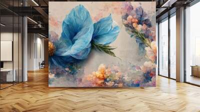 Raster illustration of beautiful blue flower arrangement with bracelet, leaves, bouquet. Fragrant colors in sea colors. Botanical garden, fine art, painting. Wreath of flowers. 3D artwork background Wall mural