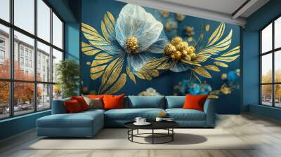 Raster illustration of beautiful blue flower arrangement with bracelet, leaves, bouquet. Fragrant colors in sea colors. Botanical garden, fine art, painting. Wreath of flowers. 3D artwork background Wall mural