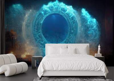 Raster illustration of huge neon blue portal in the forest. Parallel world, reality, magical realism, teleportation, smoke, abstract patterns along the contour of the portal. Magic concept. 3D artwork Wall mural