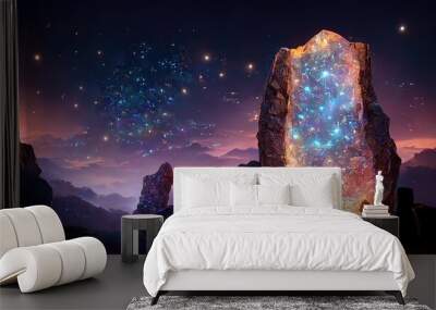 Raster illustration of magical portal to a parallel universe on the background of the starry sky. Mountains, rocks, stones, neon blue lights, teleportation, magic, night. 3D rendering illustration Wall mural