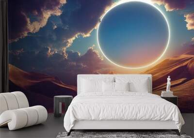 Raster illustration of solar eclipse in the desert. Fluffy clouds in the sky, sand dunes, sun, celestial bodies, sunset, sunlight ring, space. Nature. concept. 3D artwork background for business Wall mural