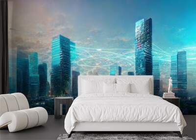 Raster illustration of the modern city. Cyberpunk, buildings, skyscrapers, artificial intelligence, chipization, science fiction, technology. Modern concept. 3D raster illustration for business Wall mural