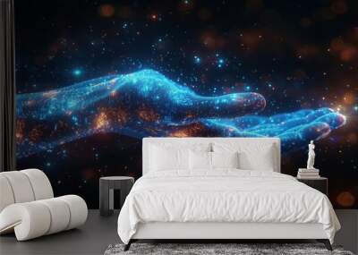 Robot arm and hand human. Touch technological concept. Low poly blue. Polygonal abstract health illustration. RGB color modern illustration of a starry sky. Wall mural