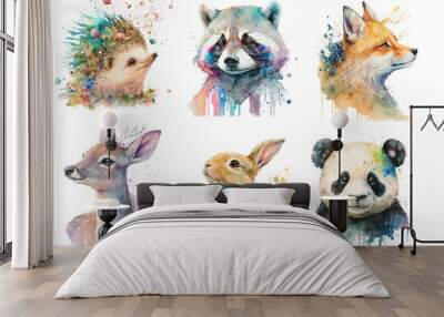 Safari Animal set Fox, fawn, rabbit, hedgehog, raccoon and panda in watercolor style. Isolated vector illustration Wall mural