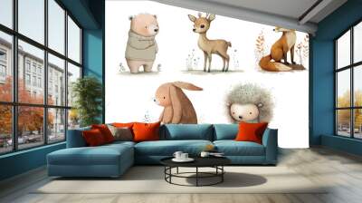 Safari Animal set hare, fox, bear, hedgehog, deer in 3d style. Isolated. Generative AI Wall mural