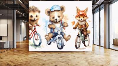 Safari Animal set hedgehog, giraffe and bear on bikes in watercolor style. Isolated  Generative AI Wall mural