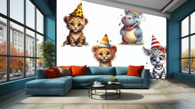 Safari Animal set leopard, lion, zebra, hippopotamus in a festive cap in 3d style. Isolated. Generative AI Wall mural