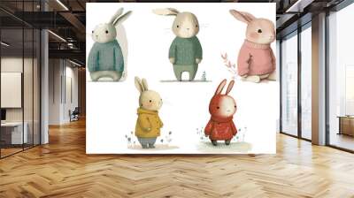 Safari Animal set rabbit in blue, green, red, yellow, pink sweater in 3d style. Isolated. Generative AI Wall mural