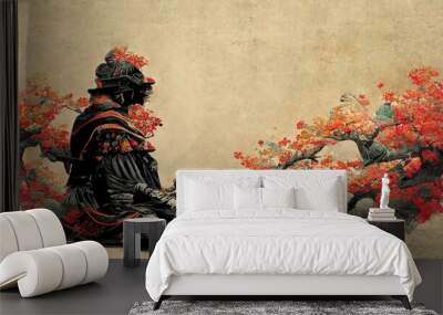 Samurai meditating in blooming garden vintage style Wall mural