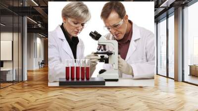 Scientists, teams, and microscopes for research in the laboratory, medical investigation, and innovation in healthcare. Biotechnology analysis for vaccine development, chemistry research, and review Wall mural