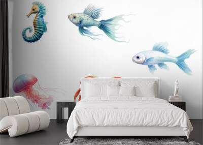 Set ?ute baby funny animals sea fish, crab, jellyfish, seahorse in watercolor style. Flat vector illustrations isolated on white background Wall mural