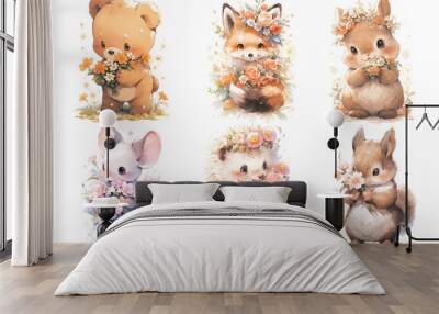 Set of cute baby woodland animals fox, hare, mouse, hedgehog, bear and squirrel with a flower Illustration isolated drawings by hand. Perfect for nursery poster. Wall mural