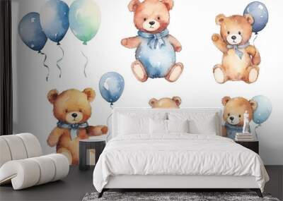 set of cute teddy bear in spring season painted in watercolor on a white isolated background. Generative AI Wall mural