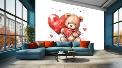 set of Heart shape frame with Valentine bear painted in watercolor on a white isolated background. Generative AI Wall mural