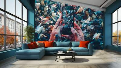 Several social media likes, popularity and internet addiction. Modern art collage. Creative design. Concept of modern technologies, surrealism. Wall mural