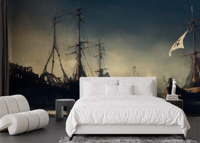 Ships with a flag on the surface of the blue ocean water under the blue sky 3d illustration Wall mural