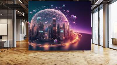 smart city at night, application development concept, smart city, Internet of things, smart life, information technology, gradient grid line. AI Wall mural