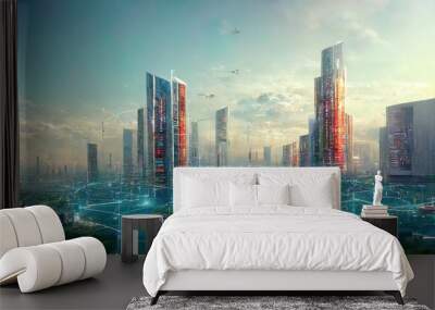 Smart city technology with futuristic graphic of digital data transfer. Smart city, Internet of things, smart life, information technology. 3D illustration Wall mural