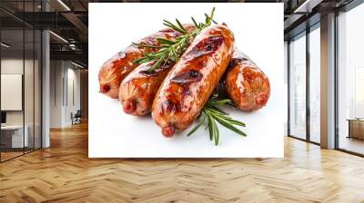 Smoked sausages for appetizer menu, tasty bbq sausages roasted on background. Wall mural