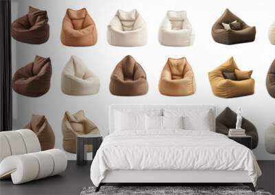 Stylish Comfort: Collection of Modern Bean Bag Chairs in Various Colors. An element set of simple beanbag with white background. PNG Wall mural