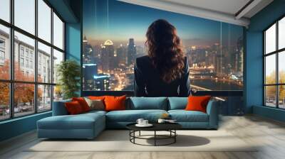 Successful business woman in a stylish suit working in an office on the top floor overlooking the night city. Wall mural