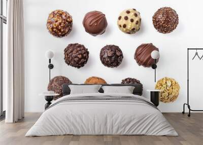 Sweet dessert confection product, different shape of chocolate and white chocolate. Wall mural