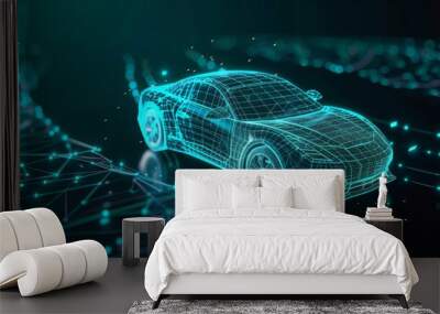 The 3D wireframe car model rotates in black virtual space. Car isometric banner in the abstract style. Hologram auto, futuristic model auto. Wall mural