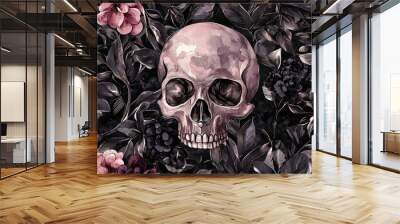 The background pattern has mood forest flowers and skulls. It's dark, moody, spooky, and magical. Graphics. Wall mural