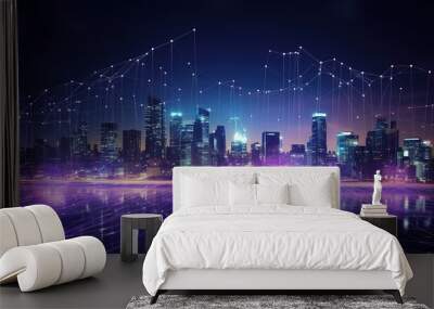 The city and the intelligent communication network of things, wireless connectivity technologies for business.Futuristic illustration of future technologies. Generative AI Wall mural