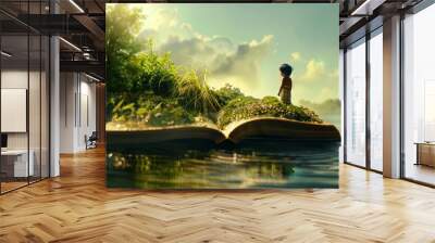 The concept of an open magic book with water, land, and a small child. Fantasy, nature, or learning concepts, with space for copying. Wall mural