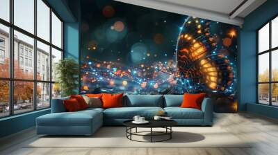 The evolution of a butterfly depicted in a digital futuristic style. The life cycle of an insect, the transformation from caterpillar to butterfly and the concept of business transformation. Wall mural