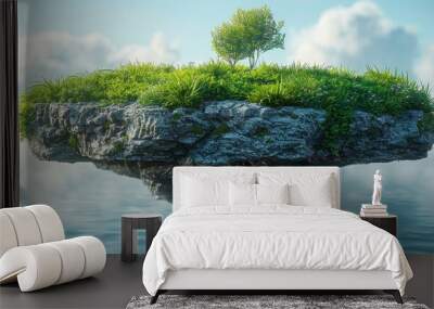 The floating island has a natural grass field on the rock, part of a surreal float landscape with a paradise theme Wall mural