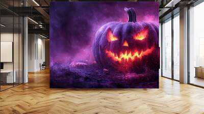 The illustration shows a graveyard with a pumpkin, in purple. Wall mural