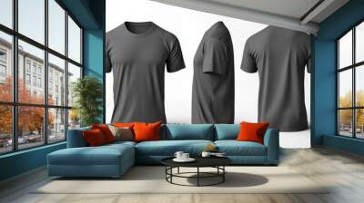 The mockup of a black wrinkled t-shirt shows different views of the design Wall mural