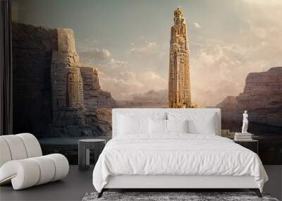 The obelisk rises near the ruined wall of the temple. Wall mural