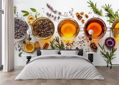 The top of a soothing hot tea cup surrounded by a variety of dry tea and herbal flowers. Wall mural