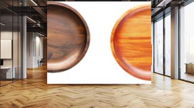 The wooden plate for serving food, empty dish utensils for containing food, are isolated on the background. Wall mural