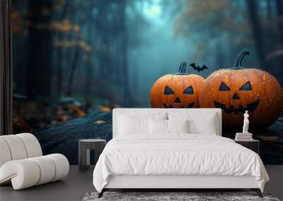 There are three glowing pumpkins on a wooden table in a night forest with fog and bats at night. Happy Halloween! Wall mural