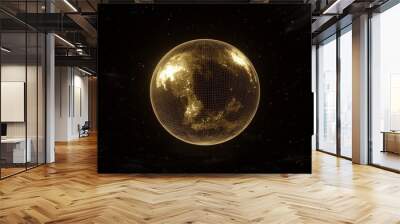 This is a golden, orange hologram of planet earth made from dots isolated on a black background. Globalization, networks, fast internet. Three dimensional rendering, architectural design. Wall mural