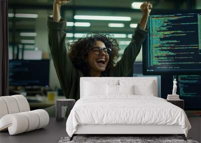 This is a photo of a lovely, smiling software developer sitting on a comfortable armchair at her workstation indoors, working away Wall mural