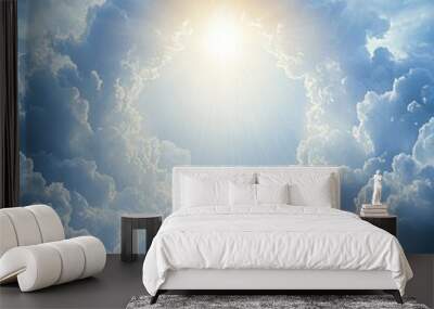 This is the stairway to heaven. This is a concept of the sun and white clouds in the sky. This is a concept of religion. Wall mural