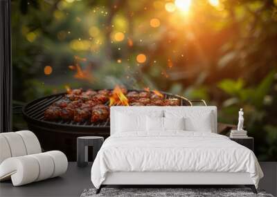 Time for summer in backyard garden with grill grill, wooden table, blurred background, and wooden table. Wall mural