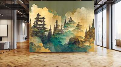 Traditional Japanese style, watercolor oriental pattern of Mount Fuji. Suitable for banner, wallpaper or postcards. Watercolor texture and brush design. 3D Illustration Wall mural