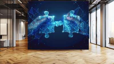 Two connected puzzles and two hands. Collaboration, cooperation, digital solutions, puzzle pieces, company merger, matching connection, company collaboration, partnership, teamwork concept. Wall mural