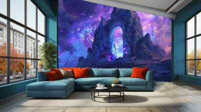 Under a starry sky, a crystal portal encircles an alien planet Wall mural