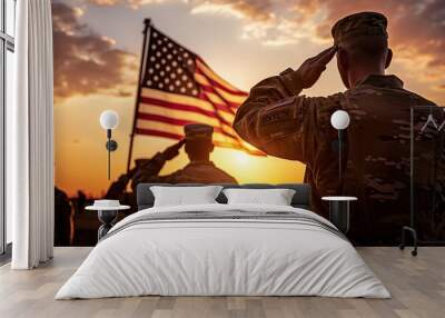 US Army soldiers salute against the backdrop of sunset and the US flag Wall mural