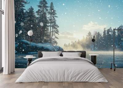 View of a snow-covered river with rock and tree formations in winter Wall mural