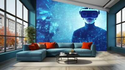 Virtual reality, the image of a teenage games playing your game VR person processing big data, or controlling smart devices through a headset. 3d render Wall mural