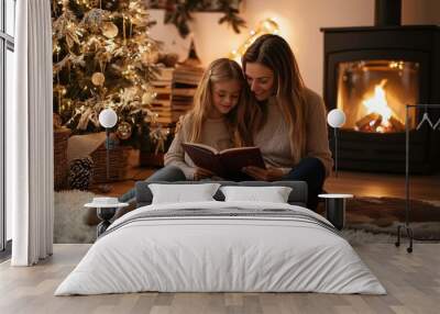 Warm winter evening hugs between a mother and child by the fireplace. Wall mural