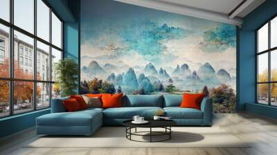 Watercolor mountain background. Luxurious mountainous terrain in oriental style. Wallpaper design, prints and invitations, postcards. Cloud mountains 3D illustration Wall mural